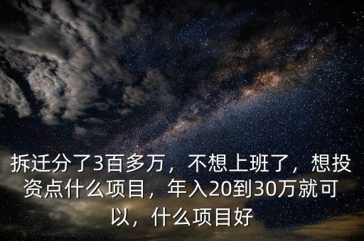 拆遷分了3百多萬，不想上班了，想投資點什么項目，年入20到30萬就可以，什么項目好