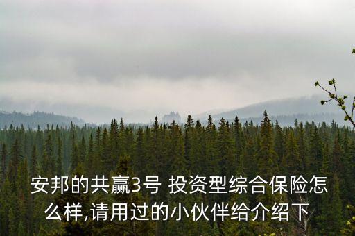  安邦的共贏3號 投資型綜合保險(xiǎn)怎么樣,請用過的小伙伴給介紹下