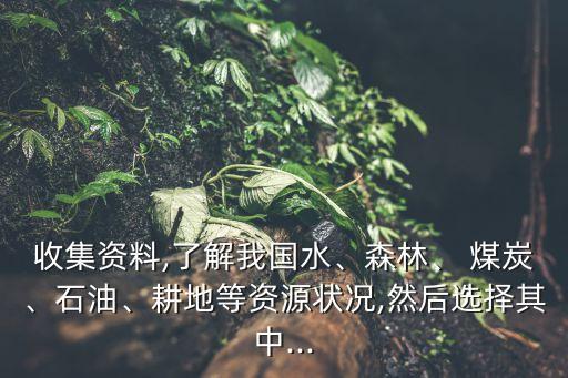 收集資料,了解我國(guó)水、森林、 煤炭、石油、耕地等資源狀況,然后選擇其中...
